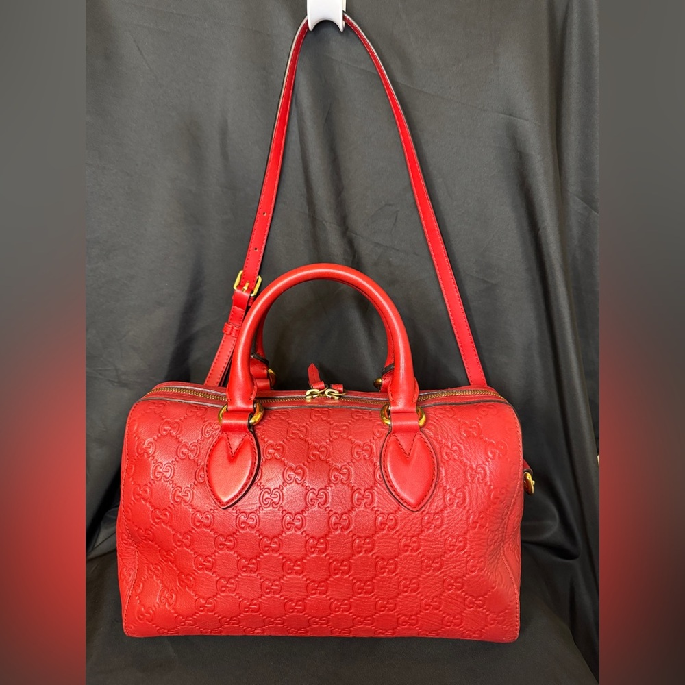 Gucci Red GG Guccissima Leather Boston with Crossbody Strap and COA